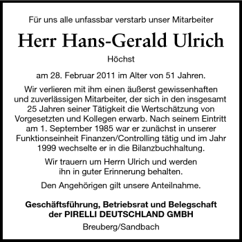 Traueranzeige von Hans-Gerald Ulrich von Odenwälder Echo