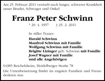Traueranzeige von Franz Peter Schwinn von Odenwälder Echo