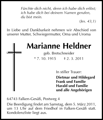 Traueranzeige von Marianne Heldner von Odenwälder Echo