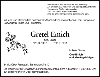 Traueranzeige von Gretel Emich von Darmstädter Echo, Odenwälder Echo, Rüsselsheimer Echo, Groß-Gerauer-Echo, Ried Echo