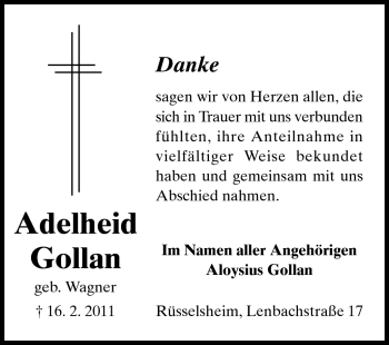 Traueranzeige von Adelheid Gollan von Rüsselsheimer Echo, Groß-Gerauer-Echo, Ried Echo