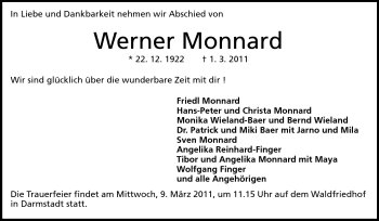 Traueranzeige von Werner Monnard von Darmstädter Echo, Odenwälder Echo, Rüsselsheimer Echo, Groß-Gerauer-Echo, Ried Echo