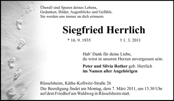 Traueranzeige von Siegfried Herrlich von Rüsselsheimer Echo, Groß-Gerauer-Echo, Ried Echo
