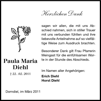 Traueranzeige von Paula Maria Diehl von Darmstädter Echo, Odenwälder Echo, Rüsselsheimer Echo, Groß-Gerauer-Echo, Ried Echo