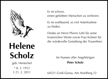Traueranzeige von Helene Scholz von Rüsselsheimer Echo, Groß-Gerauer-Echo, Ried Echo