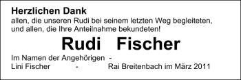 Traueranzeige von Rudi Fischer von Odenwälder Echo