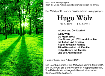 Traueranzeige von Hugo Wölz von Starkenburger Echo