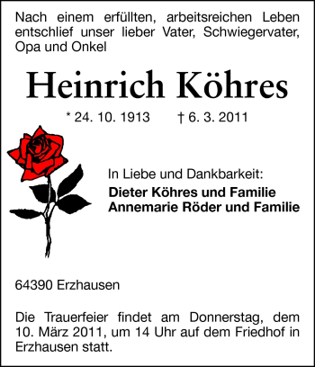 Traueranzeige von Heinrich Köhres von Darmstädter Echo, Odenwälder Echo, Rüsselsheimer Echo, Groß-Gerauer-Echo, Ried Echo