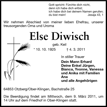 Traueranzeige von Else Diwisch von Echo-Zeitungen (Gesamtausgabe)