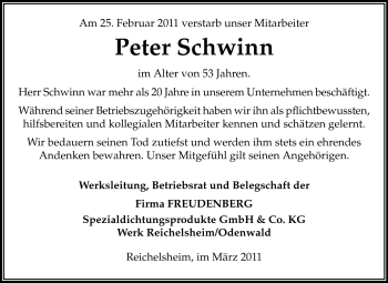 Traueranzeige von Franz Peter Schwinn von Odenwälder Echo