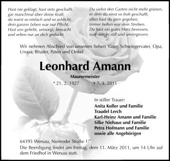 Traueranzeige von Leonhard Amann von Echo-Zeitungen (Gesamtausgabe)
