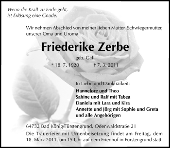 Traueranzeige von Friederike Zerbe von Odenwälder Echo