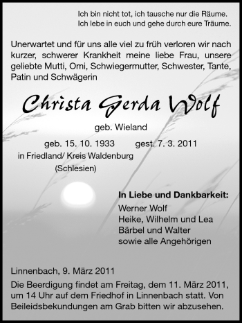 Traueranzeige von Christa Gerda Wolf von Starkenburger Echo