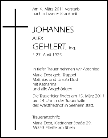 Traueranzeige von Johannes Alex Gehlert von Echo-Zeitungen (Gesamtausgabe)