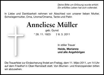 Traueranzeige von Anneliese Müller von Darmstädter Echo, Odenwälder Echo, Rüsselsheimer Echo, Groß-Gerauer-Echo, Ried Echo
