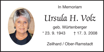 Traueranzeige von Ursula H. Volz von Darmstädter Echo, Odenwälder Echo, Rüsselsheimer Echo, Groß-Gerauer-Echo, Ried Echo