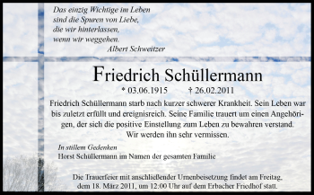 Traueranzeige von Friedrich Schüllermann von Odenwälder Echo