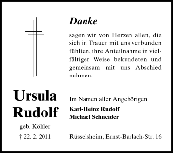 Traueranzeige von Ursula Rudolf von Rüsselsheimer Echo, Groß-Gerauer-Echo, Ried Echo