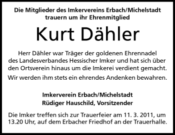 Traueranzeige von Kurt Dähler von Odenwälder Echo