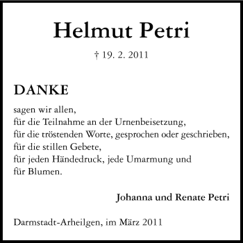 Traueranzeige von Helmut Petri von Echo-Zeitungen (Gesamtausgabe)