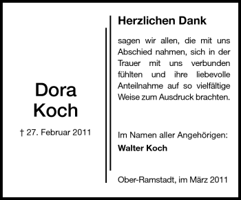 Traueranzeige von Dora Koch von Darmstädter Echo, Odenwälder Echo, Rüsselsheimer Echo, Groß-Gerauer-Echo, Ried Echo