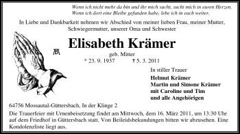 Traueranzeige von Elisabeth Krämer von Odenwälder Echo