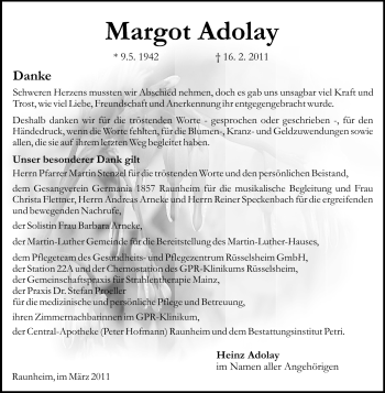 Traueranzeige von Margot Adolay von Rüsselsheimer Echo, Groß-Gerauer-Echo, Ried Echo