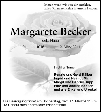 Traueranzeige von Margarete Becker von Echo-Zeitungen (Gesamtausgabe)