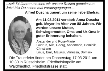 Traueranzeige von Anna Duscha von Rüsselsheimer Echo, Groß-Gerauer-Echo, Ried Echo