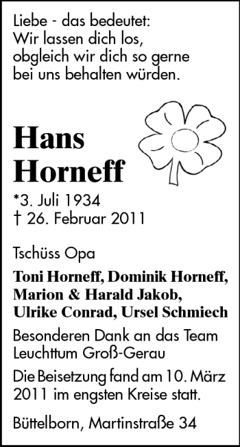 Traueranzeige von Hans Horneff von Rüsselsheimer Echo, Groß-Gerauer-Echo, Ried Echo