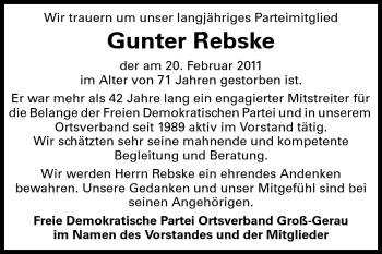 Traueranzeige von Gunter Rebske von Rüsselsheimer Echo, Groß-Gerauer-Echo, Ried Echo