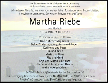Traueranzeige von Martha Riebe von Odenwälder Echo