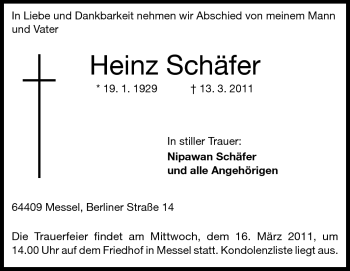 Traueranzeige von Heinz Schäfer von Echo-Zeitungen (Gesamtausgabe)