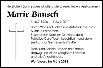 Traueranzeige von Marie Bausch von Rüsselsheimer Echo, Groß-Gerauer-Echo, Ried Echo