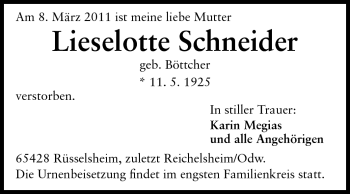 Traueranzeige von Lieselotte Schneider von Rüsselsheimer Echo, Groß-Gerauer-Echo, Ried Echo
