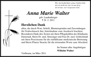 Traueranzeige von Anna Marie Walter von Odenwälder Echo