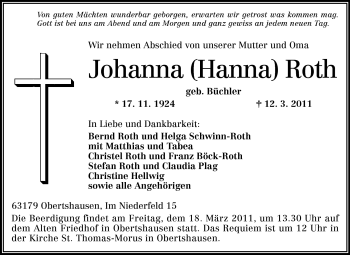Traueranzeige von Johanna (Hanna) Roth von Odenwälder Echo