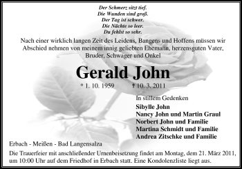 Traueranzeige von Gerald John von Odenwälder Echo