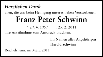 Traueranzeige von Franz Peter Schwinn von Odenwälder Echo