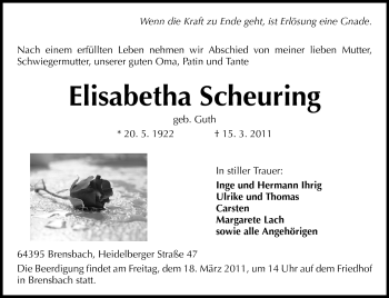Traueranzeige von Elisabetha Scheuring von Echo-Zeitungen (Gesamtausgabe)