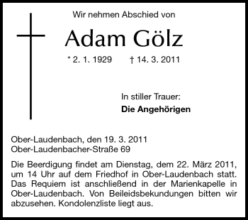Traueranzeige von Adam Gölz von Starkenburger Echo