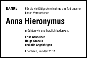Traueranzeige von Anna Hieronymus von Odenwälder Echo