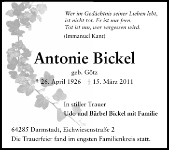 Traueranzeige von Antonie Bickel von Darmstädter Echo, Odenwälder Echo, Rüsselsheimer Echo, Groß-Gerauer-Echo, Ried Echo
