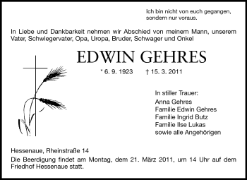 Traueranzeige von Edwin Gehres von Rüsselsheimer Echo, Groß-Gerauer-Echo, Ried Echo