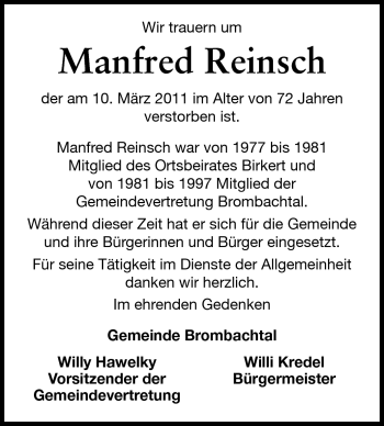 Traueranzeige von Manfred Reinsch von Odenwälder Echo