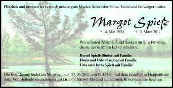 Traueranzeige von Margot Spieß von Echo-Zeitungen (Gesamtausgabe)