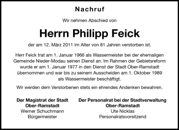 Traueranzeige von Philipp Feick von Echo-Zeitungen (Gesamtausgabe)
