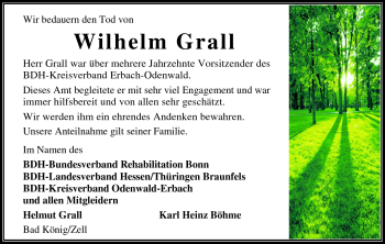 Traueranzeige von Wilhelm Grall von Odenwälder Echo