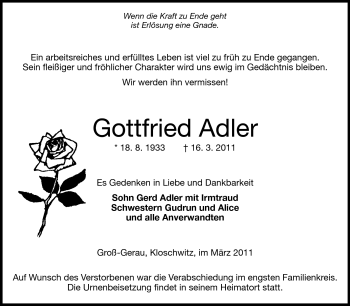 Traueranzeige von Gottfried Adler von Rüsselsheimer Echo, Groß-Gerauer-Echo, Ried Echo