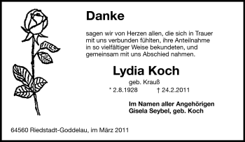 Traueranzeige von Lydia Koch von Rüsselsheimer Echo, Groß-Gerauer-Echo, Ried Echo